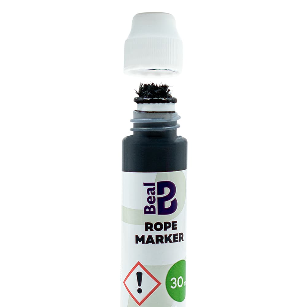 Beal Rope Marker Flasche mit geöffnetem weißem Deckel, sichtbar ist ein schwarzer Filzapplikator, 30 ml Inhalt, auf weißem Hintergrund