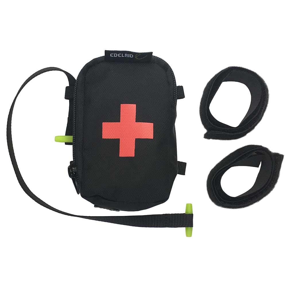 TreeRex First Aid Bag von Edelrid, schwarze Tasche mit rotem Kreuz, schwarzem Gurt mit gelbem Ende und zwei schwarzen Klettbändern