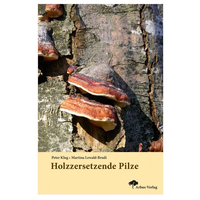 Buch "Holzzersetzende Pilze" von Peter Klug und Martina Lewald-Brudi mit einem Foto von braunen Pilzen auf Baumrinde, Arbus-Verlag