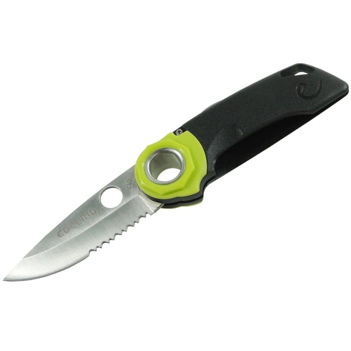 Ropetooth Klappmesser von Edelrid mit schwarzem Griff, grünem Akzent und silberner Klinge, geöffnet, von oben fotografiert