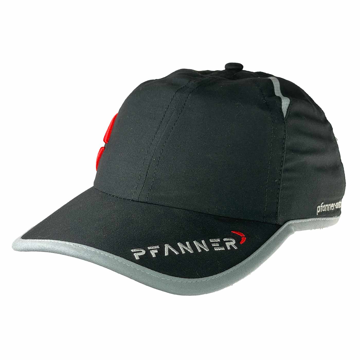 PFANNER® Cap schwarze Kappe mit grauem Rand und weiß-rotem PFANNER-Schriftzug vorne