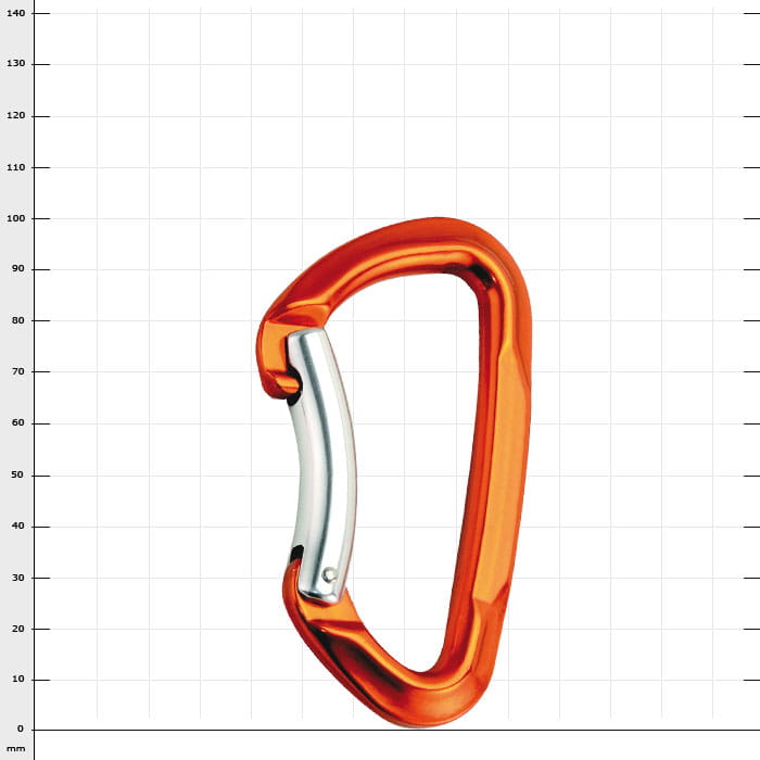 Lime Bent Karabiner, orange mit silbernem Verschluss, Produktname sichtbar