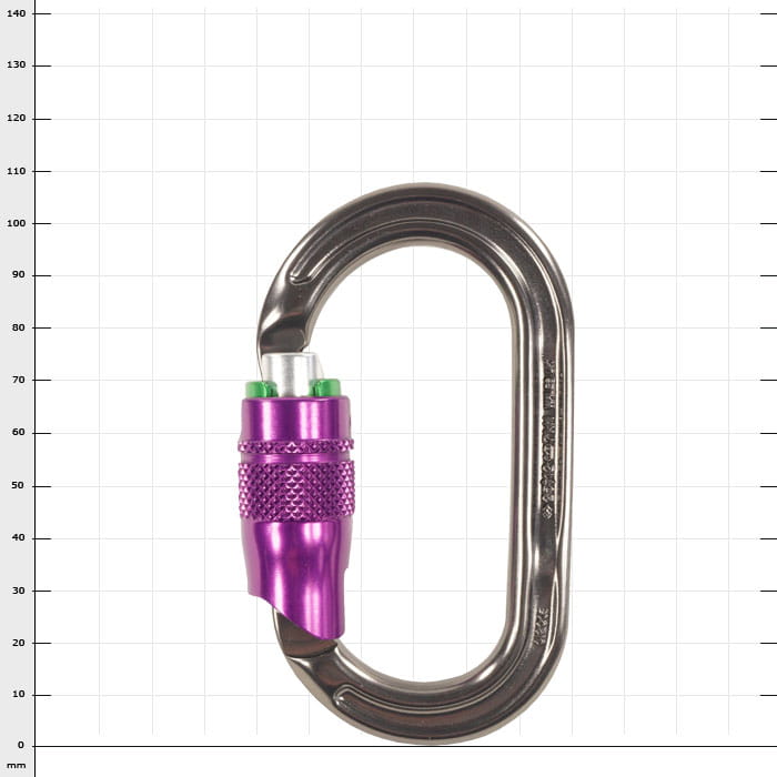 Ultra O Durolock Karabiner mit geschlossenem Verschluss, silberfarben mit lila Schraubverschluss, Hersteller nicht sichtbar