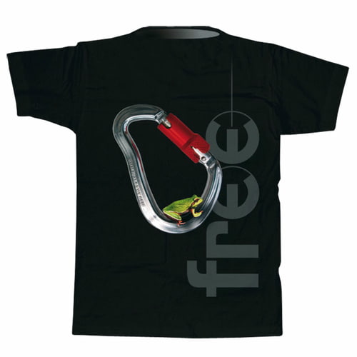 Schwarzes T-Shirt, Rückseite mit gleichem Aufdruck wie Vorderseite: silberner Karabiner mit rotem Verschluss und kleinem grünen Frosch darin, daneben der Schriftzug "free" in Grau, Produktname Tree Frog