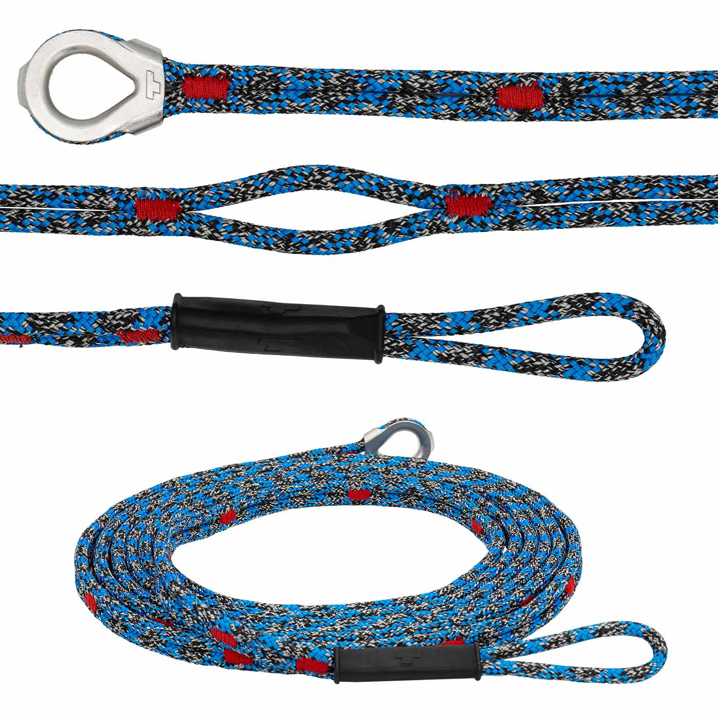 chainANCHOR blau-schwarzes Seil mit roten Markierungen und Metallöse, flach ausgelegt mit Schlaufen und Gummischutz