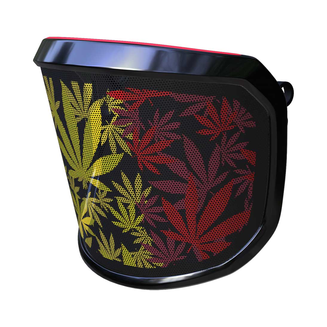 PROTOS® Visier Special Edition mit schwarzem Rahmen, andere seitliche Ansicht mit gelbem, rotem und grünem Blattmuster auf schwarzem Hintergrund