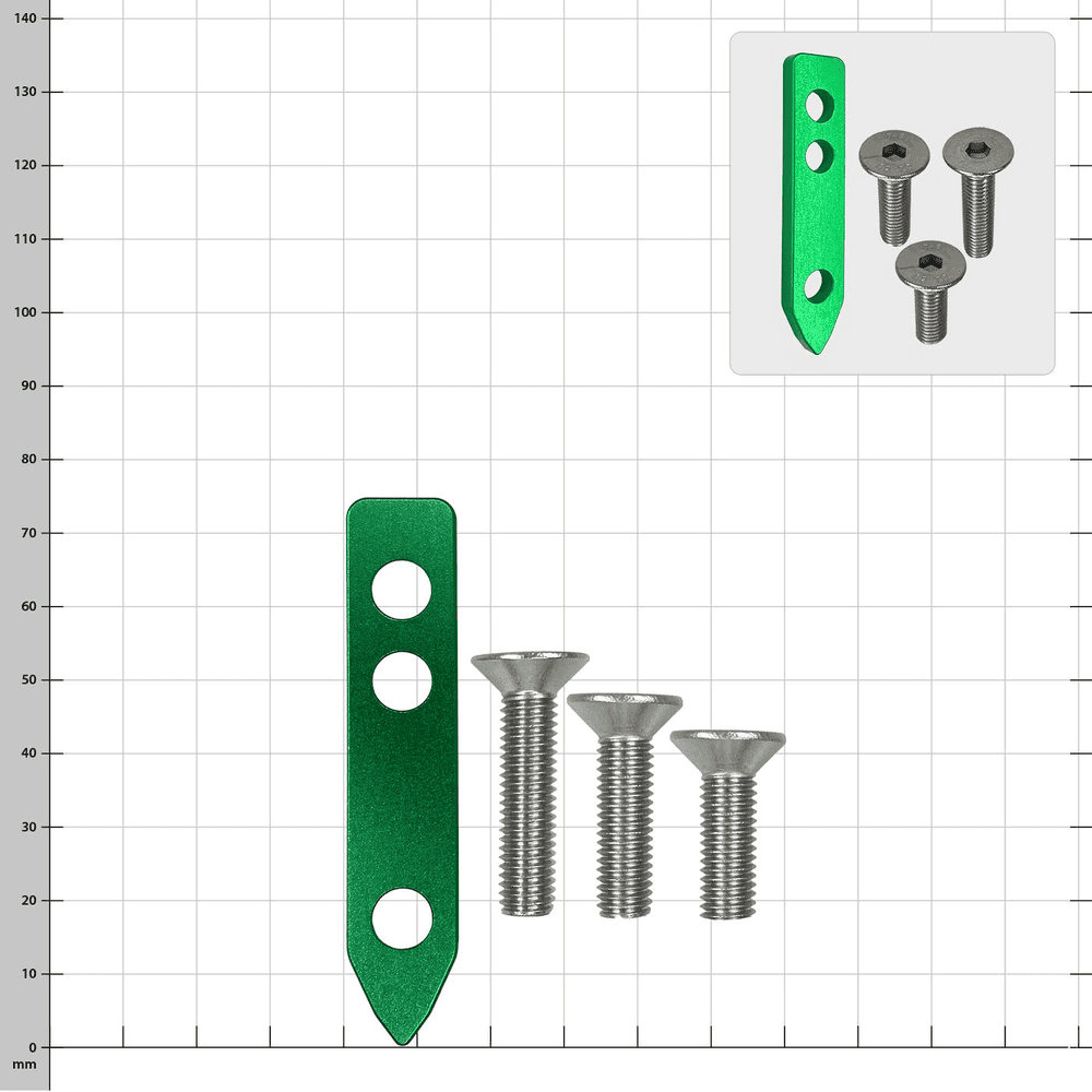 SpikeSender Spacer Basic grün mit drei silbernen Schrauben auf kariertem Hintergrund, kleines Einlegebild zeigt die gleichen Teile aus anderer Perspektive