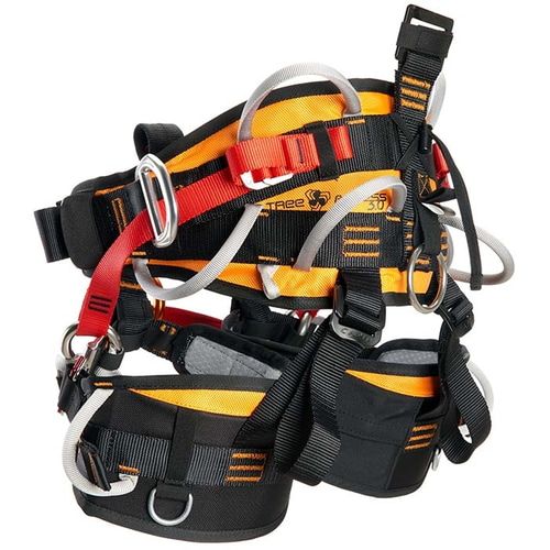 Klettergurt Tree Access 3.1 in Schwarz, Orange und Rot mit grauen Schlaufen, mehreren Metallringen und Schnallen, Herstellerlogo seitlich