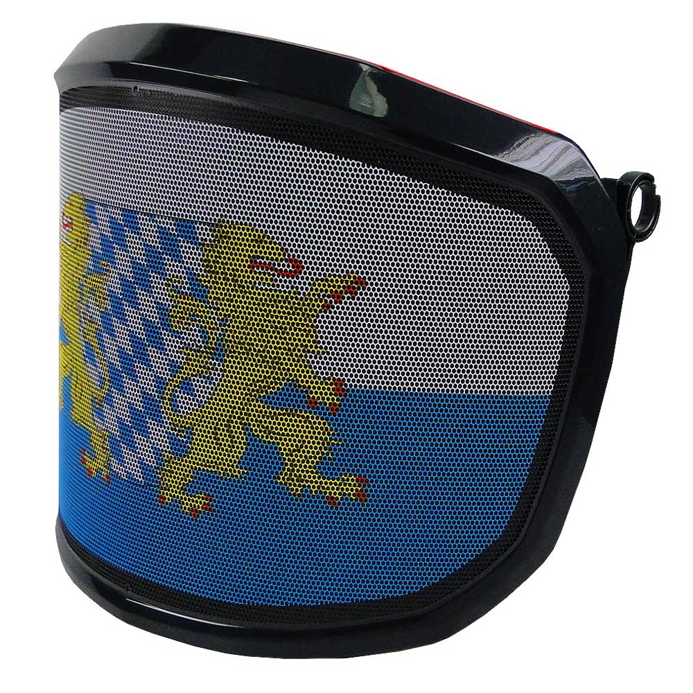 PROTOS® Visier Special Edition mit schwarzem Rahmen, seitliche Ansicht des Motivs mit zwei goldenen Löwen und blau-weißem Rautenmuster hinter einem schwarzen Gitter und Befestigungsring