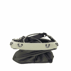 Genius Tool Bucket 2, graue Tasche mit lila Trägern und weißem Rand, von oben zusammengedrückt mit sichtbaren Metallringen am Rand