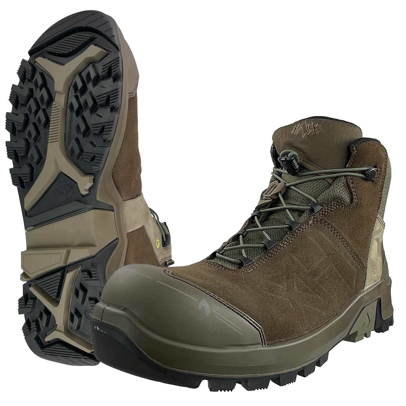 Connexis Safety+ GTX Mid brauner Sicherheitsschuh mit grünem Schnürsystem und robuster Sohle, Ansicht von unten und vorne