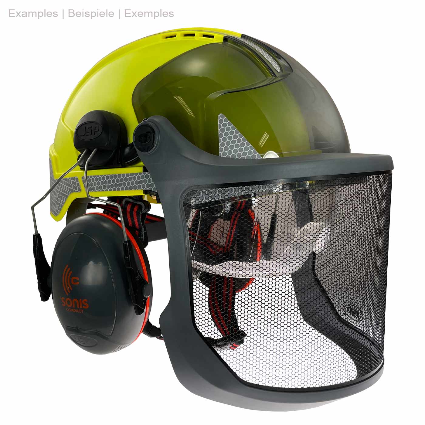 Evoguard M3 Forestry Visor mit grauem Rahmen und schwarzem Netzgewebe an einem gelben Helm mit Kopfhörern