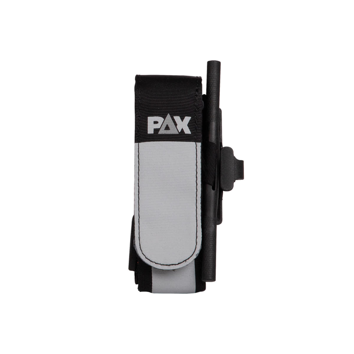 PAX Tourniquet mit schwarzem und grauem Band, PAX-Logo auf grauer Lasche und schwarzem Stab an der Seite