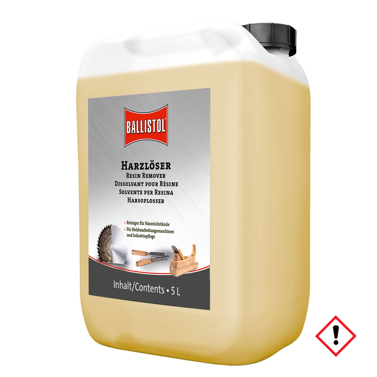 Ballistol Harzlöser 5.0, 5-Liter-Kanister mit gelblicher Flüssigkeit und schwarzem Schraubverschluss, auf dem Etikett steht Harzlöser in mehreren Sprachen und das Ballistol-Logo