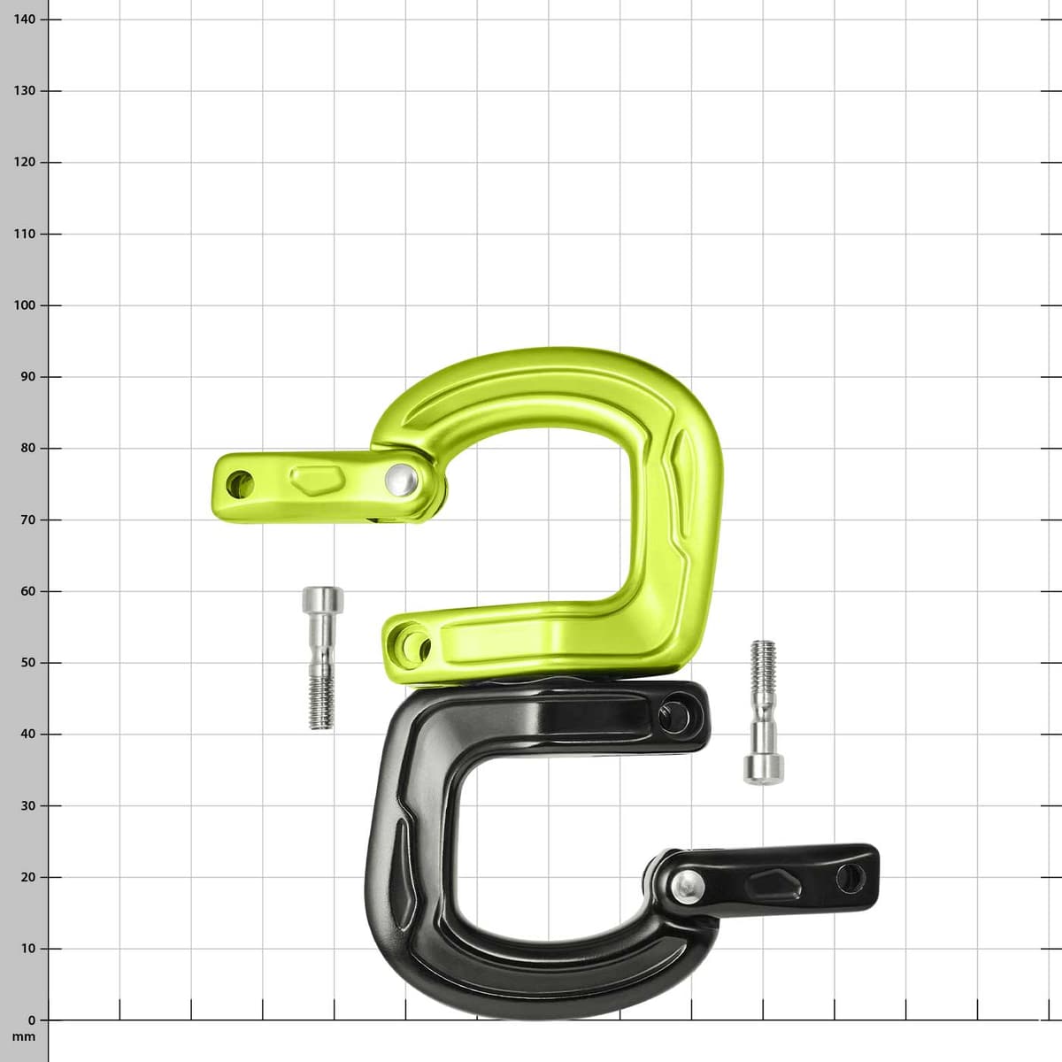 Zwei Karabinerhaken, oben grün, unten schwarz, auseinandergebaut mit zwei Schrauben, Produktname Cupid Swivel sichtbar