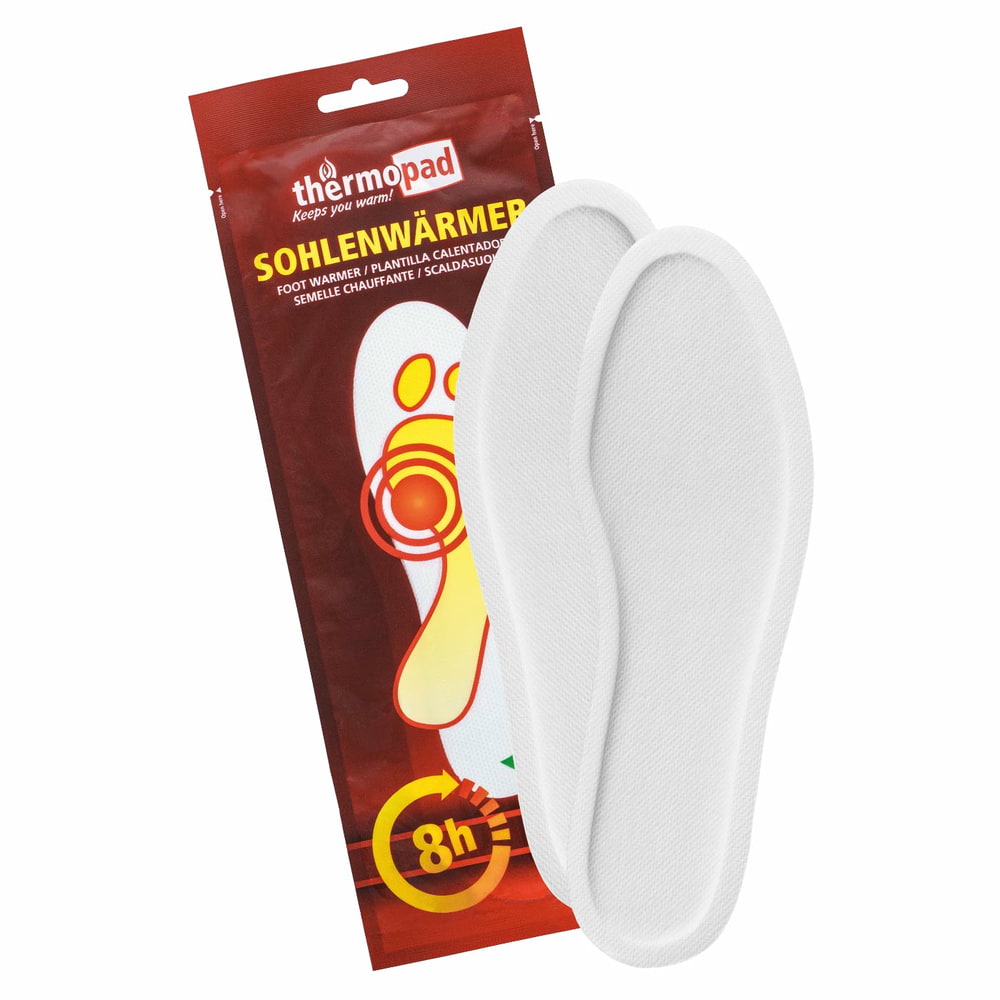 Thermopad Sohlenwärmer Verpackung in Rot mit gelber Schrift und zwei weißen Sohlenwärmern davor, Produktname Sohlenwärmer, Hersteller Thermopad