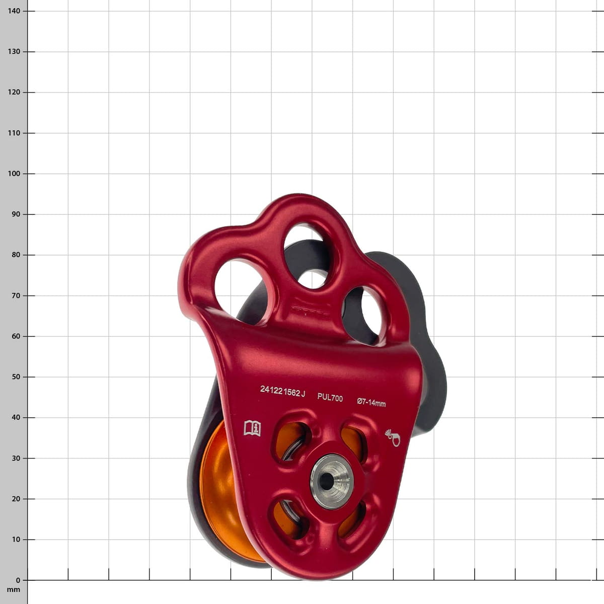 Hitch Climber 2 Seilrolle mit rotem Gehäuse und orangefarbener Rolle vor weißem Hintergrund mit Rasterlinien