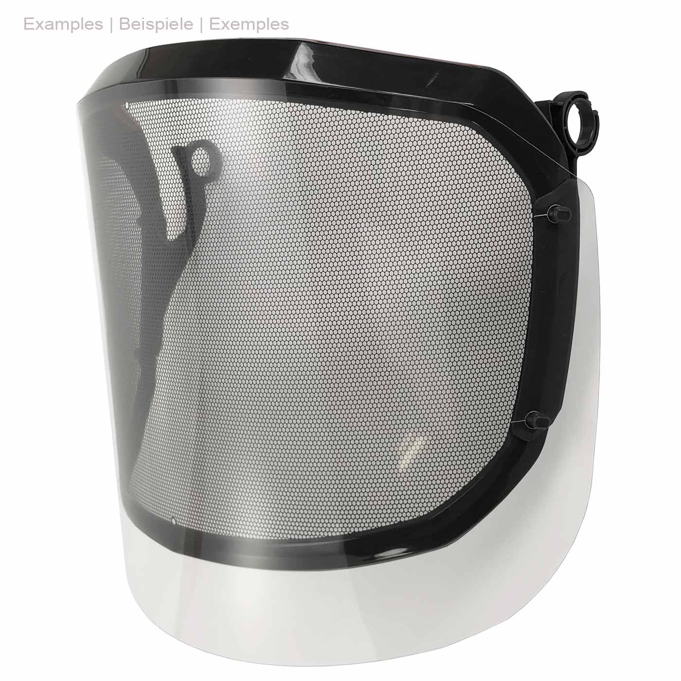 PROTOS® Visier Clip-On Clear, transparentes Visier mit schwarzem Rahmen und feinmaschigem Schutzgitter, seitliche Befestigung sichtbar