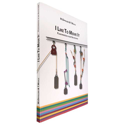 Buch "I Like To Move It" von M. Oppolzer & T. Wahls, schräg von vorne mit sichtbarem Buchrücken und gleichen Illustrationen und bunten Streifen am unteren Rand des Covers