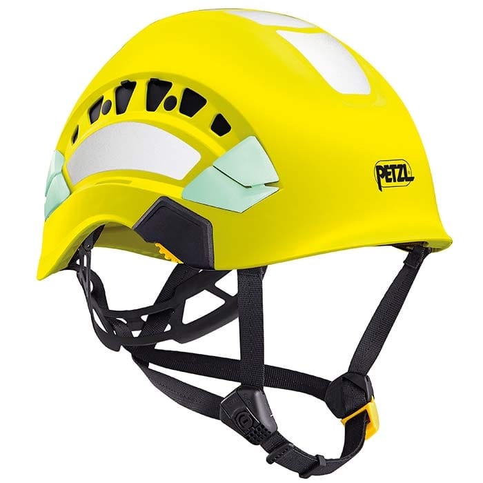 Petzl Vertex Vent Hi-Viz Helm in Gelb mit schwarzen Gurten und reflektierenden weißen Aufklebern
