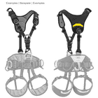 Top von Petzl, zwei Ansichten des schwarzen Schultergurtes mit grauem und gelbem gepolstertem Rückenteil, im Hintergrund grau dargestellt ein kompletter Klettergurt mit Bein- und Hüftgurten