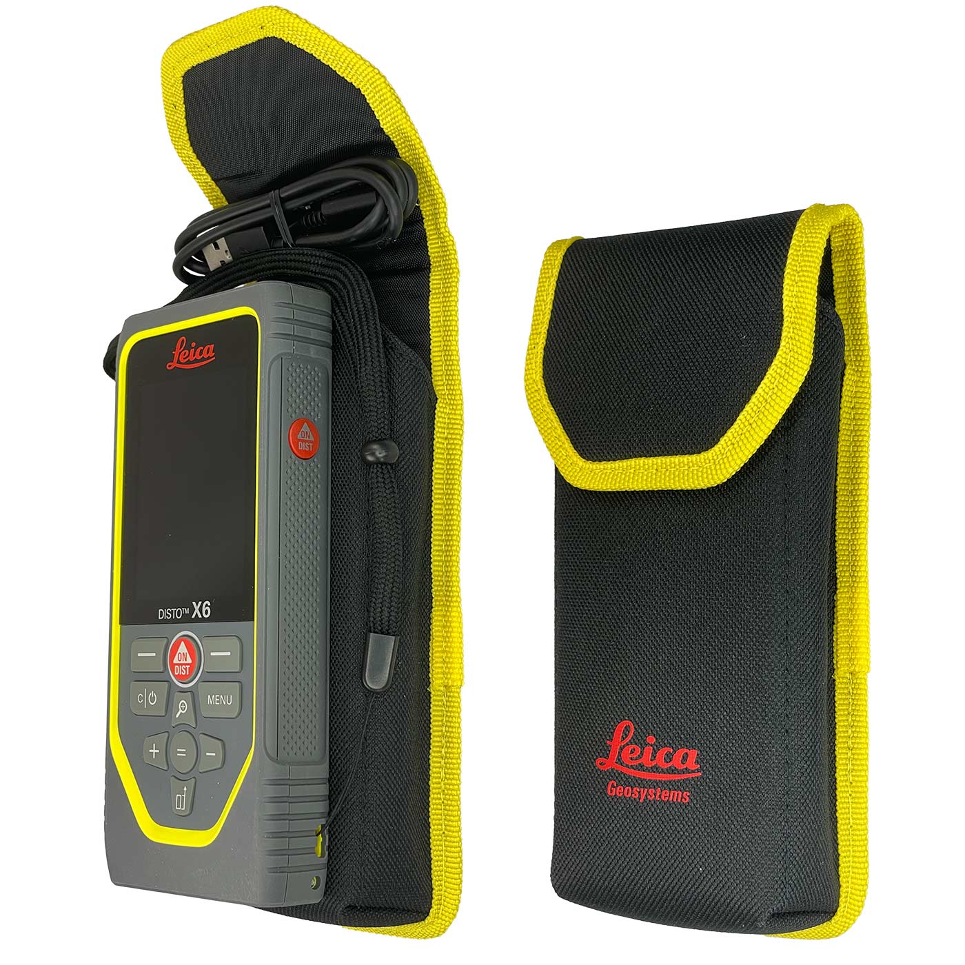 Leica Disto X6 Laser-Entfernungsmesser in schwarzer Tragetasche mit gelbem Rand, USB-Kabel sichtbar, Hersteller Leica Geosystems