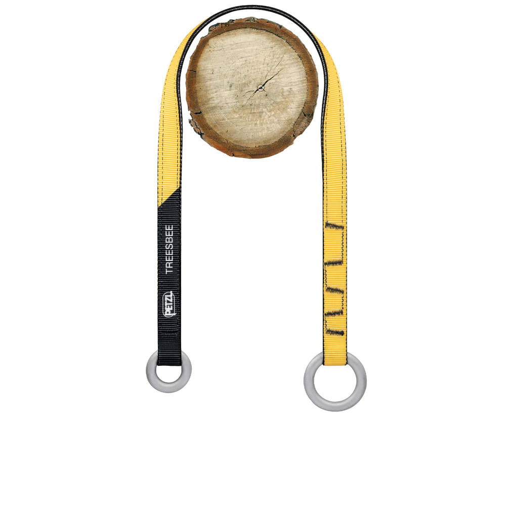 Treesbee - Angebot von Petzl, gelb-schwarzes Band mit zwei grauen Ringen und Holzscheibe in der Mitte