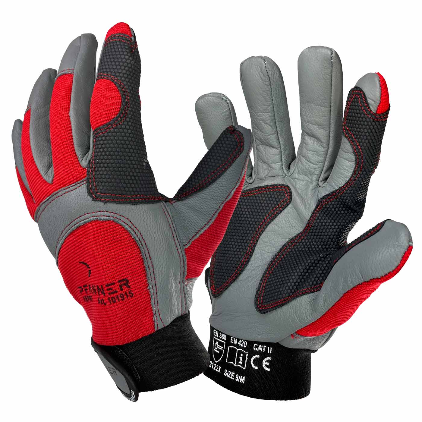 StretchFlex® Kepro Arbeitshandschuhe in Grau, Rot und Schwarz mit schwarzem Bündchen und Klettverschluss, Hersteller Pfanner, seitliche Ansicht mit sichtbarem Herstellerlogo und Zertifizierungen am Bündchen
