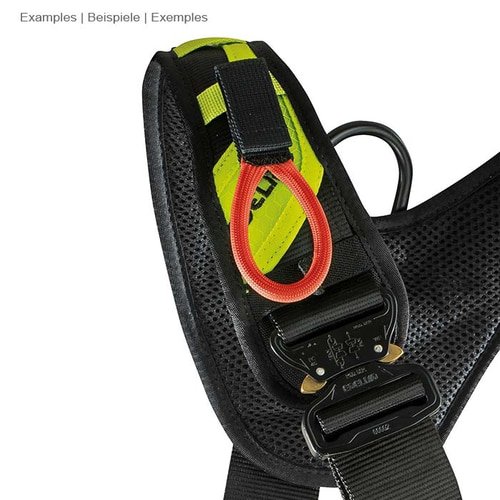 SE Velcro Hook Loop, rotes Schlaufenband mit schwarzem Klettverschluss an schwarzem und grünem Gurtsystem befestigt