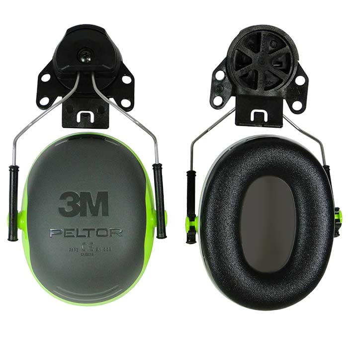Gehörschutz X4 Plug von 3M Peltor in Grau und Grün, mit schwarzem Bügel und Polsterungen, Ansicht von vorne mit sichtbarem 3M-Logo und Ansicht von hinten mit schwarzem Innenpolsterung