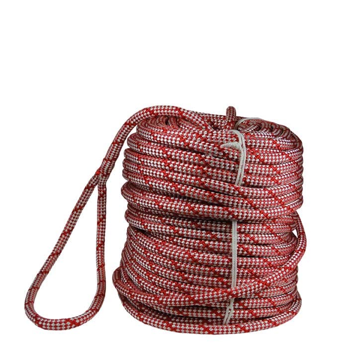 Sirius Bull Rope 12 S, aufgerolltes rotes und weißes geflochtenes Seil mit Schlaufe, Hersteller nicht sichtbar