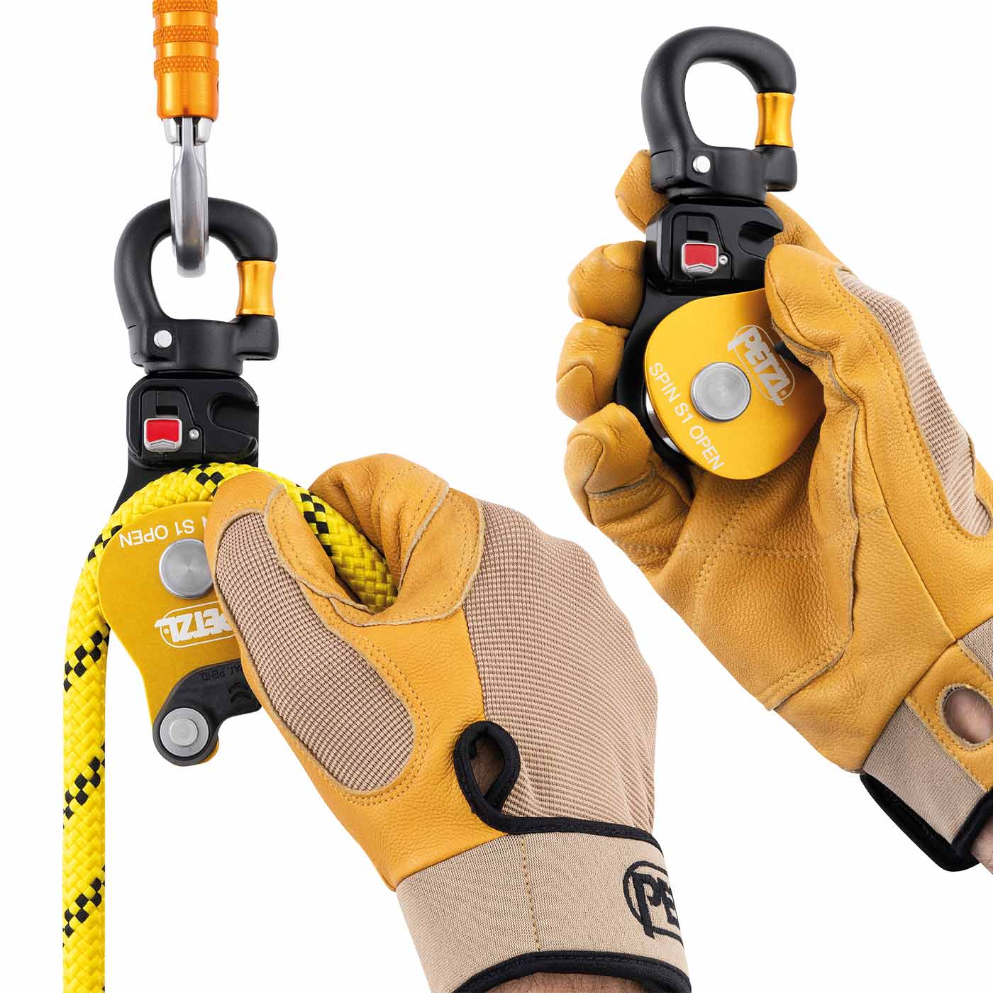 Petzl Spin S1 Open Seilrolle mit gelbem Gehäuse, schwarzem Karabiner, an dem ein gelbes Seil befestigt ist, zwei Hände mit gelben Arbeitshandschuhen halten die Seilrolle und das Seil.
