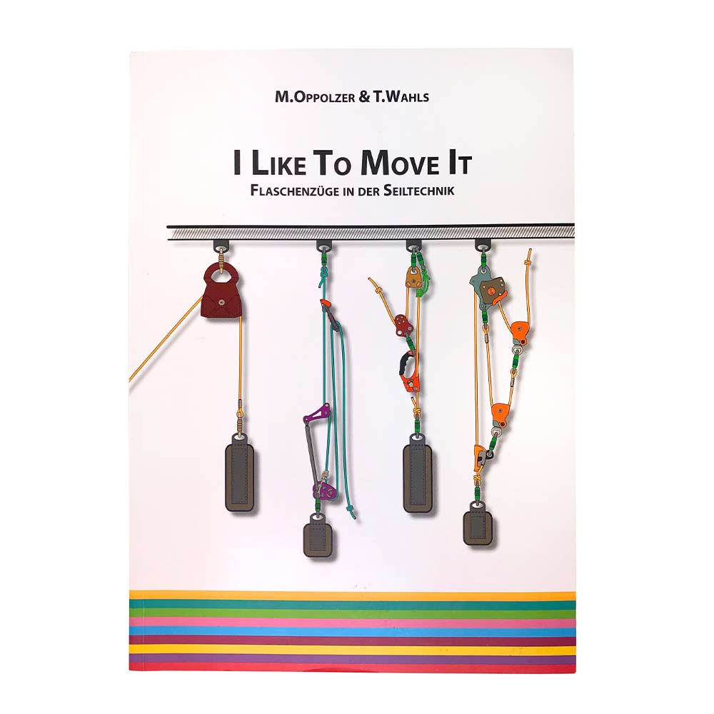 Buch "I Like To Move It" von M. Oppolzer & T. Wahls mit Illustrationen von Flaschenzügen in der Seiltechnik und bunten Streifen am unteren Rand des Covers
