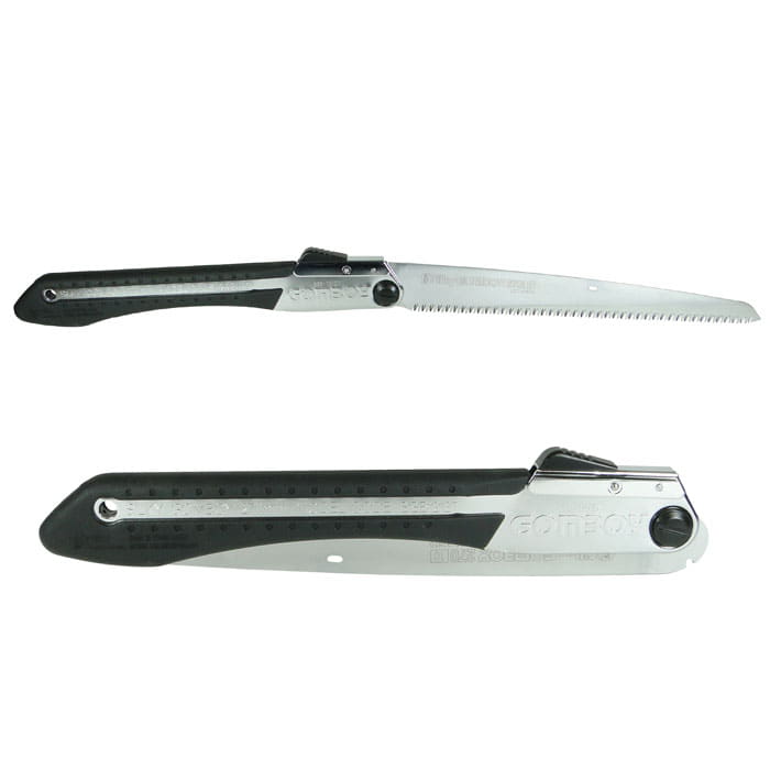 Gomboy 270-10 Klappsäge mit schwarzem Griff und silberner Klinge, Herstellername Gomboy sichtbar
