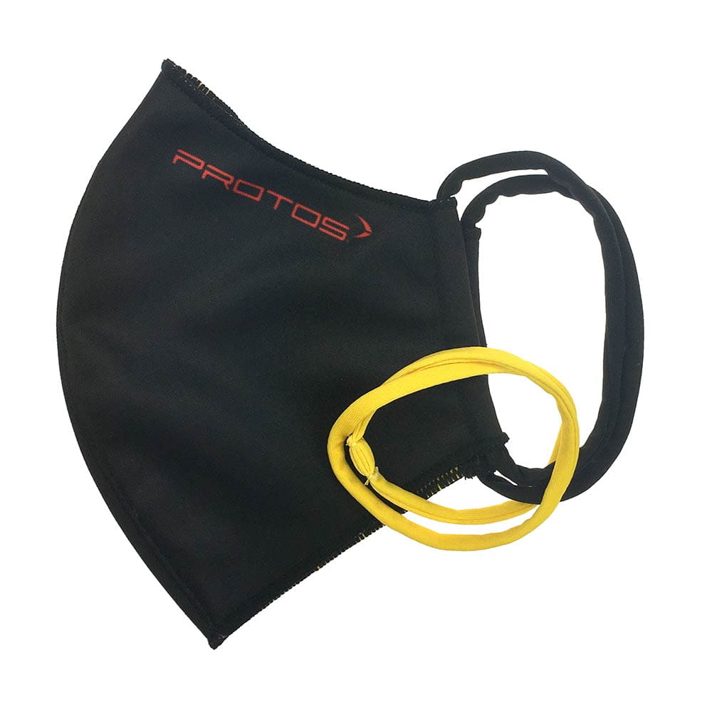 PFANNER® Wendemaske schwarz mit rotem PROTOS-Logo, schwarzem Gummiband und zwei zusätzlichen gelben Gummibändern