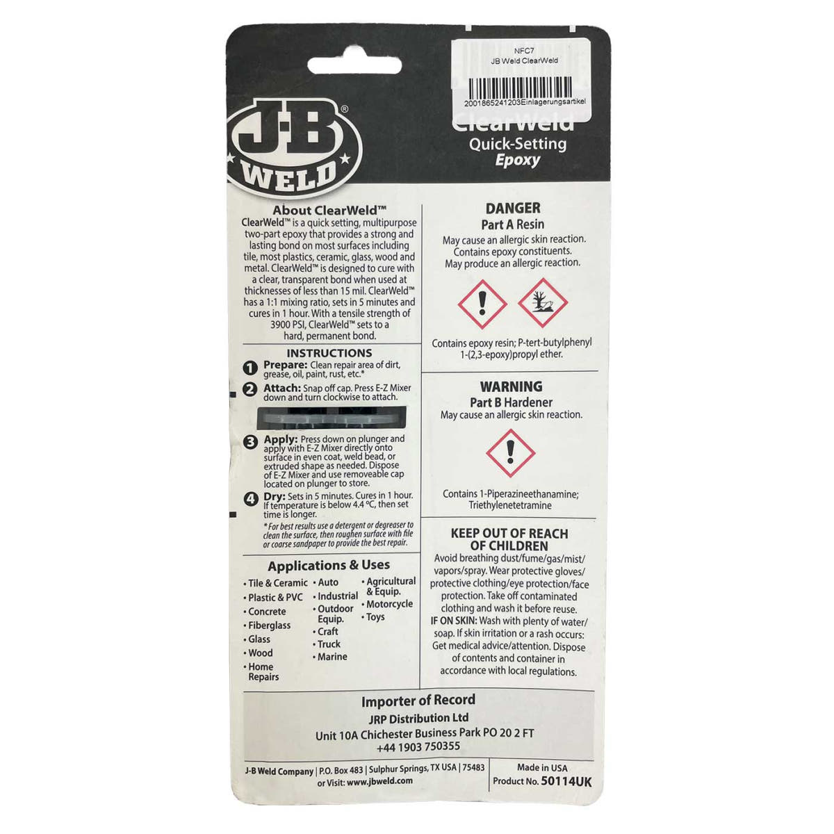 Rückseite der JB Weld ClearWeld Quick-Setting Epoxy Verpackung mit detaillierten Anweisungen, Warnhinweisen, Gefahrenpiktogrammen und Anwendungsbereichen, alles in schwarz-weißem Design mit Hersteller- und Importeurinformationen