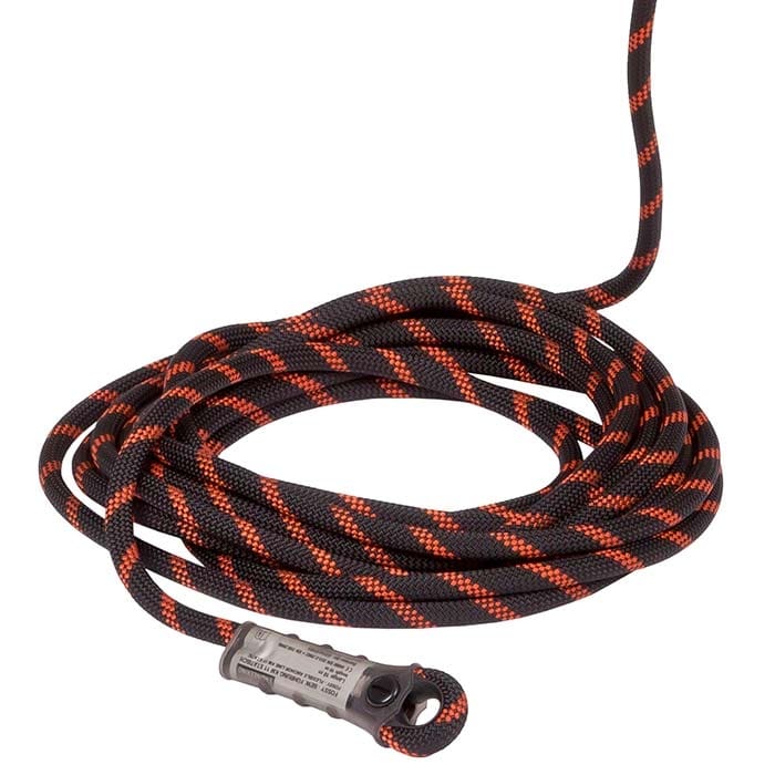 Fossy Set Uni 2, schwarz-orange gestreiftes Kletterseil mit grauem Sicherungsmechanismus an einem Ende