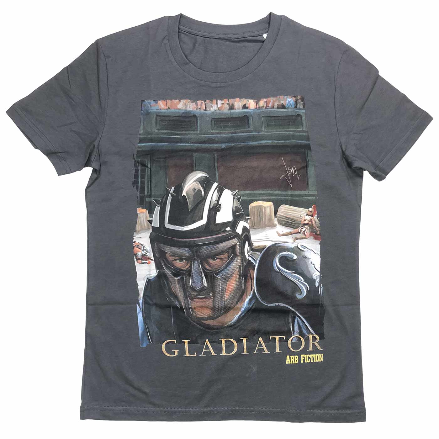 Graues T-Shirt Gladiator mit Aufdruck eines Gladiators mit Helm und Schriftzug "GLADIATOR ARB FICTION" auf weißem Hintergrund
