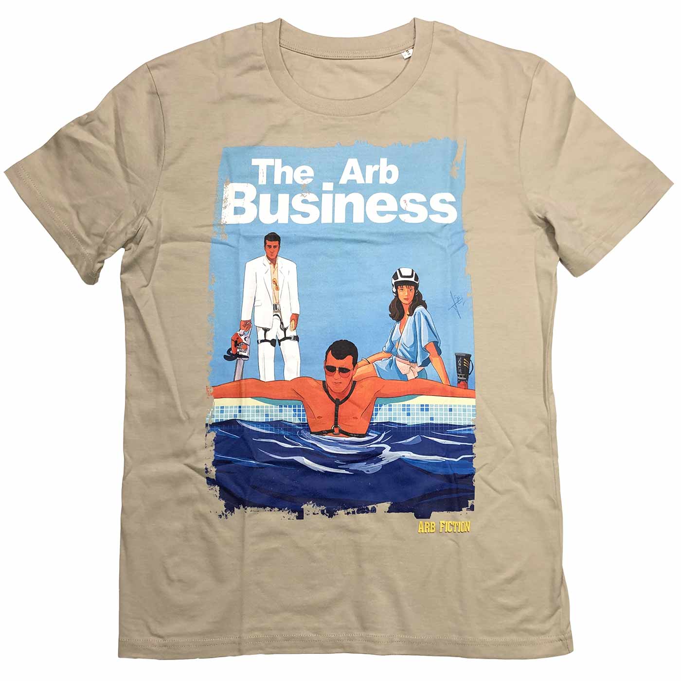 Beiges T-Shirt mit Aufdruck "The Arb Business" und einer Illustration von drei Personen, eine davon im Wasser, die anderen beiden am Beckenrand, Produktname Arb Business