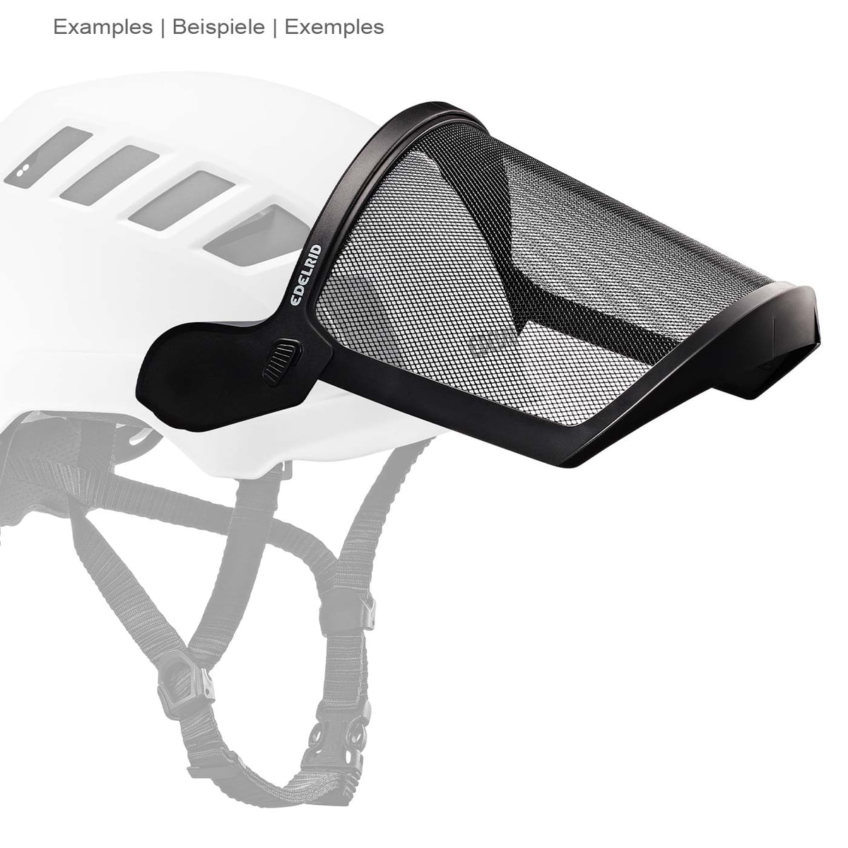 Edelrid Visor Mesh mit schwarzem Rahmen und Netzgewebe in seitlicher Ansicht am weißen Helm befestigt