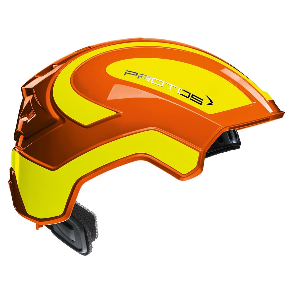 PROTOS® Industry Übergröße Helm in orange und gelb mit schwarzem Innenpolster und seitlichem PROTOS-Logo, Seitenansicht
