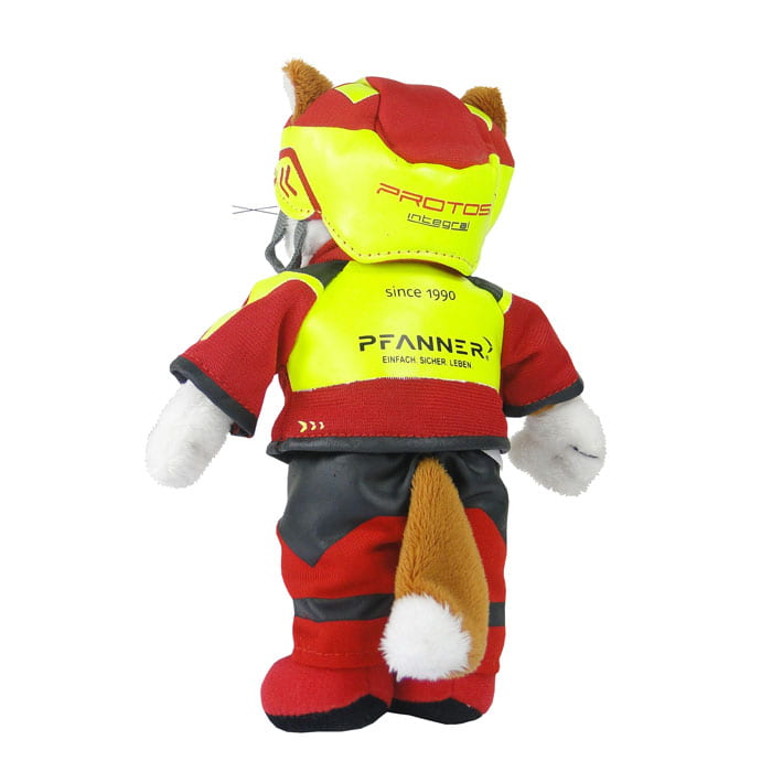 Wiffzack Plüschfigur von hinten mit roter und gelber Jacke, roter Hose, rotem Helm mit gelben Details und braunem Schwanz mit weißer Spitze