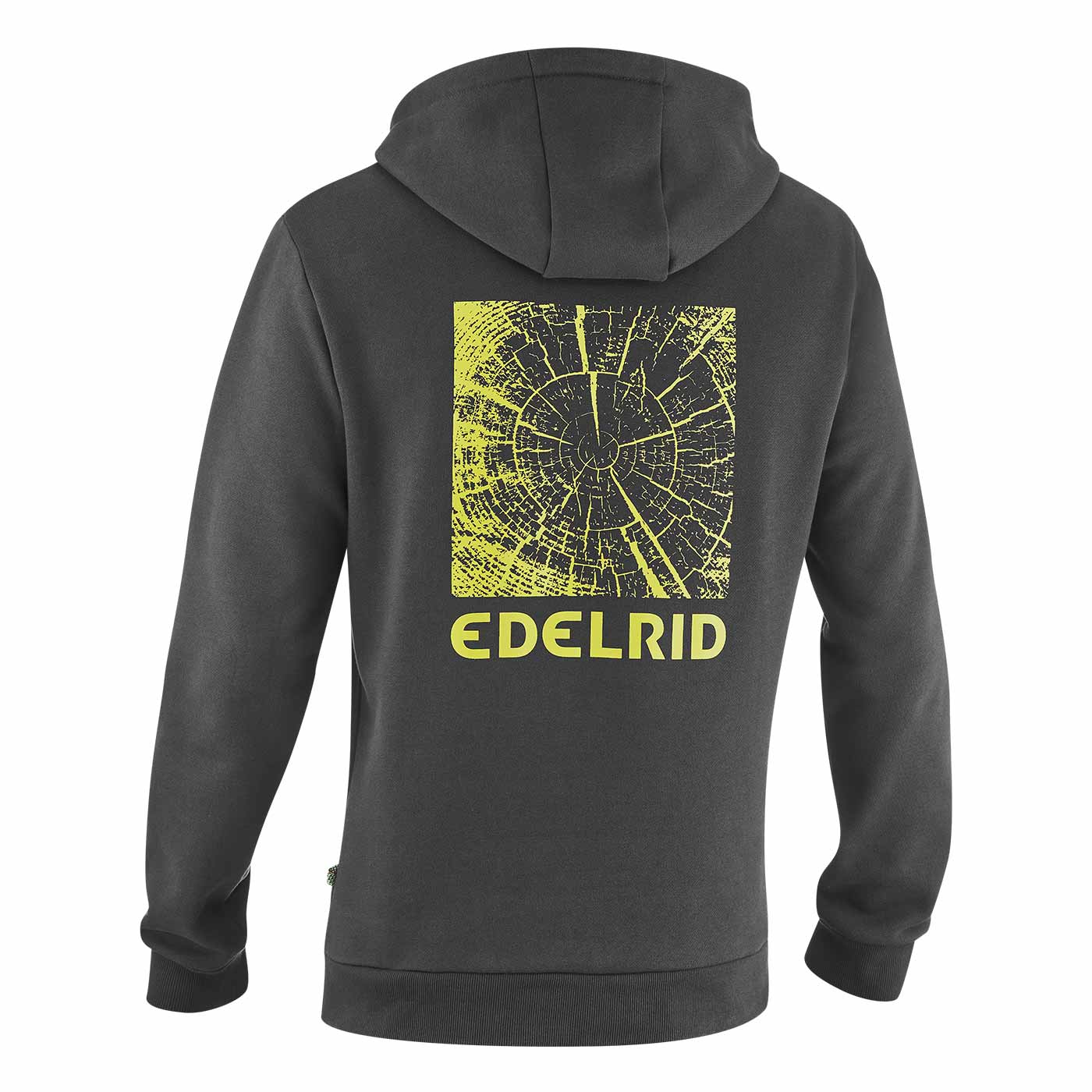 Grounder Hoodie in dunkelgrau mit Kapuze zeigt Rückseite mit großem gelbem Baumstamm-Print und Schriftzug EDELRID