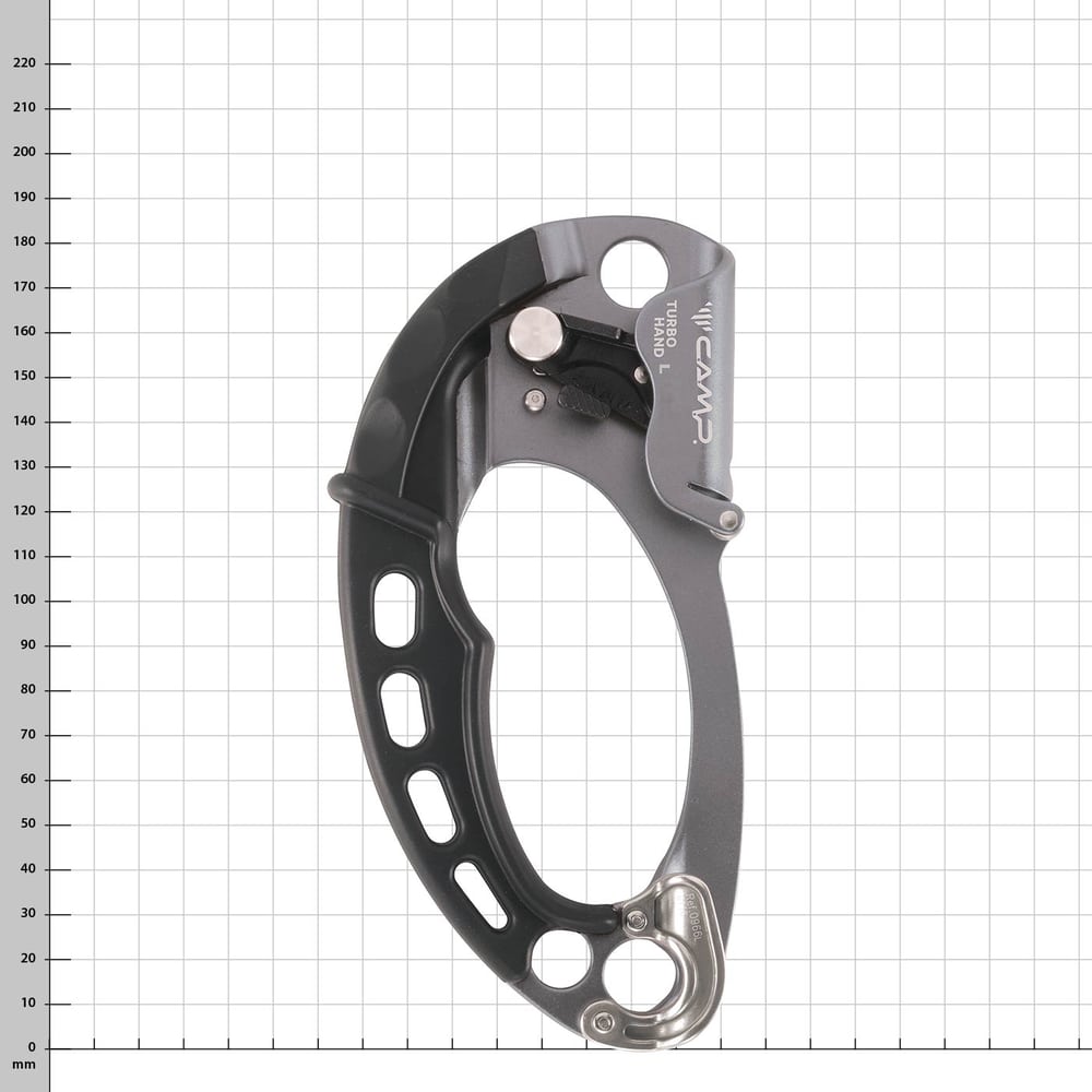 Turbohand Pro L von CAMP, grauer und schwarzer Klettersteig-Handschuh mit Metallteilen, auf kariertem Hintergrund