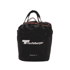 Bucket Mule von Teufelberger, schwarze runde Tasche mit zwei schwarzen Tragegriffen und rotem Kordelverschluss, Vorderseite mit weißem Teufelberger-Logo und Schriftzug "AMBASSADOR LINE"