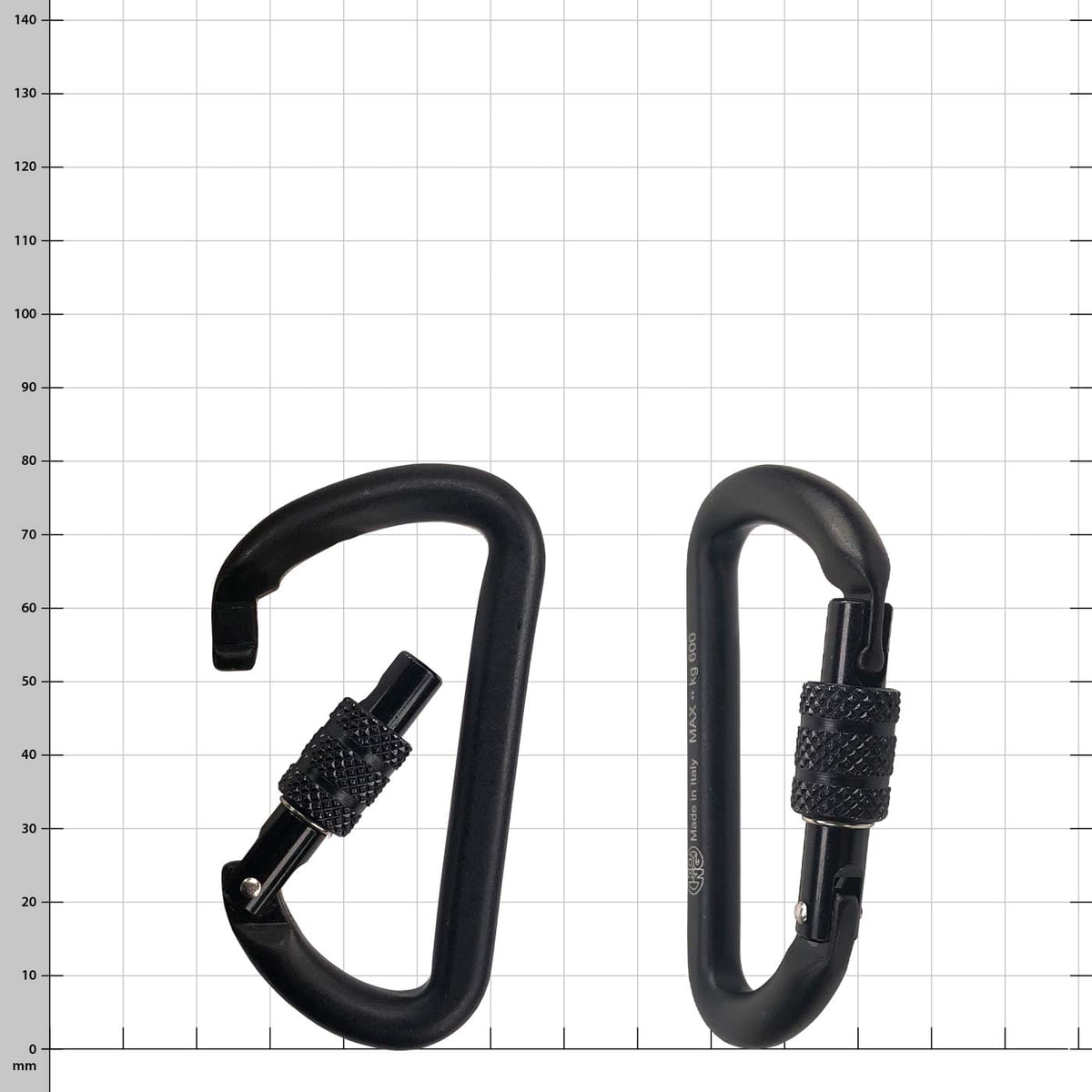 Mini D Screw Karabiner in schwarz, zwei Stück nebeneinander, einer geöffnet und einer geschlossen, auf kariertem Hintergrund