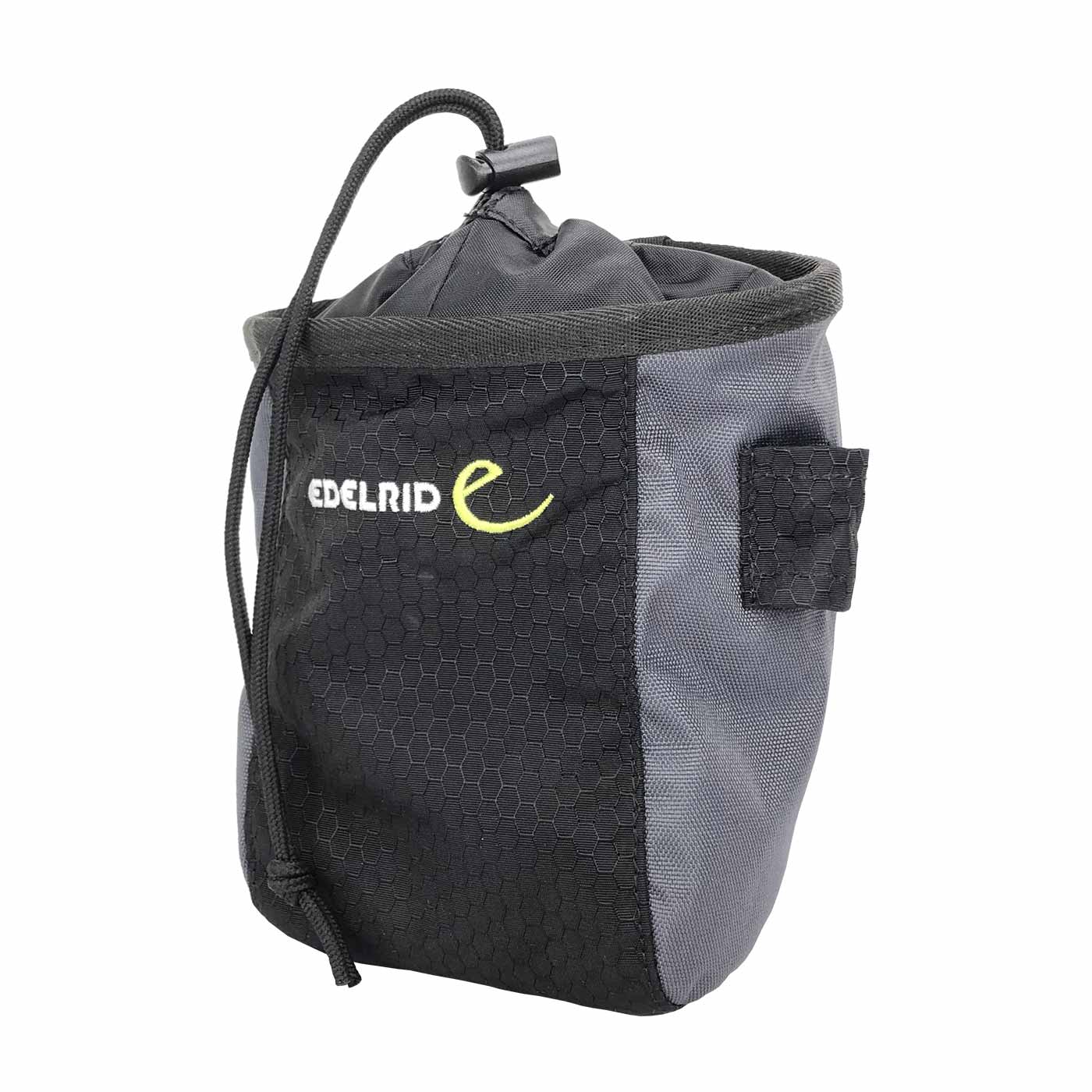 Ein einzelner schwarzer-grauer Aufbewahrungsbeutel des Minilift von Edelrid mit Kordelzug und Edelrid-Logo