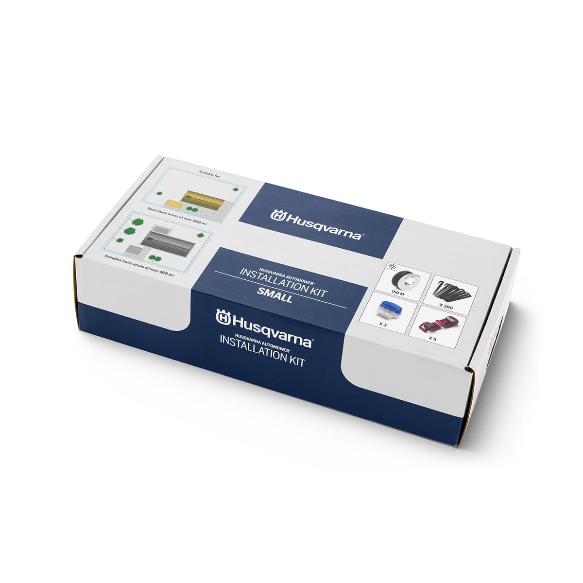 Husqvarna Automower Installations-Kit S, weiße und blaue Verpackung mit Produktabbildungen und Husqvarna-Logo