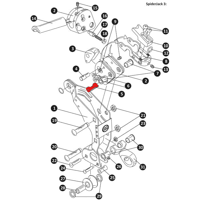 Technische Zeichnung des SpiderJack 3 mit nummerierten Einzelteilen, der Verschleißbolzen ist rot hervorgehoben und an einer zentralen Position im Mechanismus dargestellt
