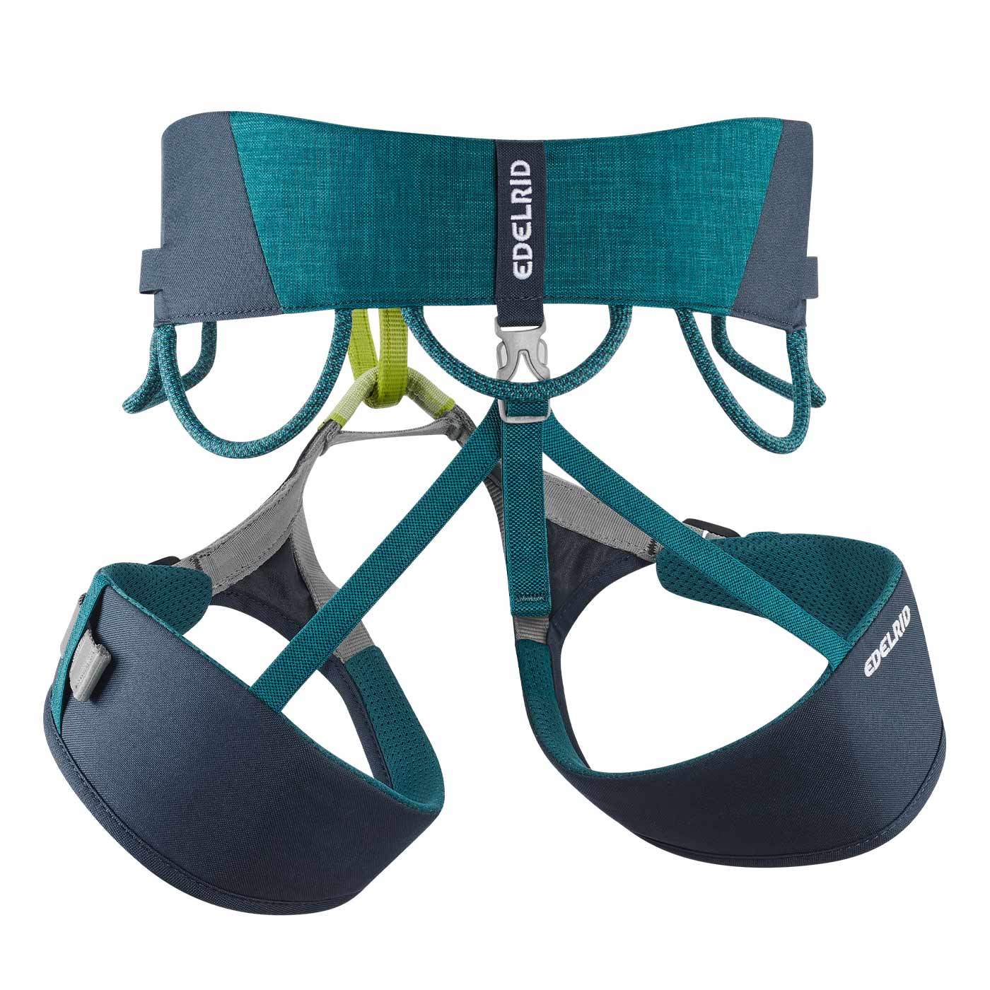 Klettergurt Jay IV von Edelrid in Blau und Grau von hinten mit gepolsterten Bein- und Hüftschlaufen